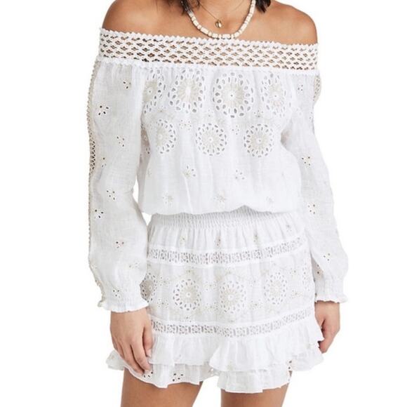 Temptation Positano Irlanda White Smocked Eyelet 100% Linen Mini Dress - Picture 1 of 12